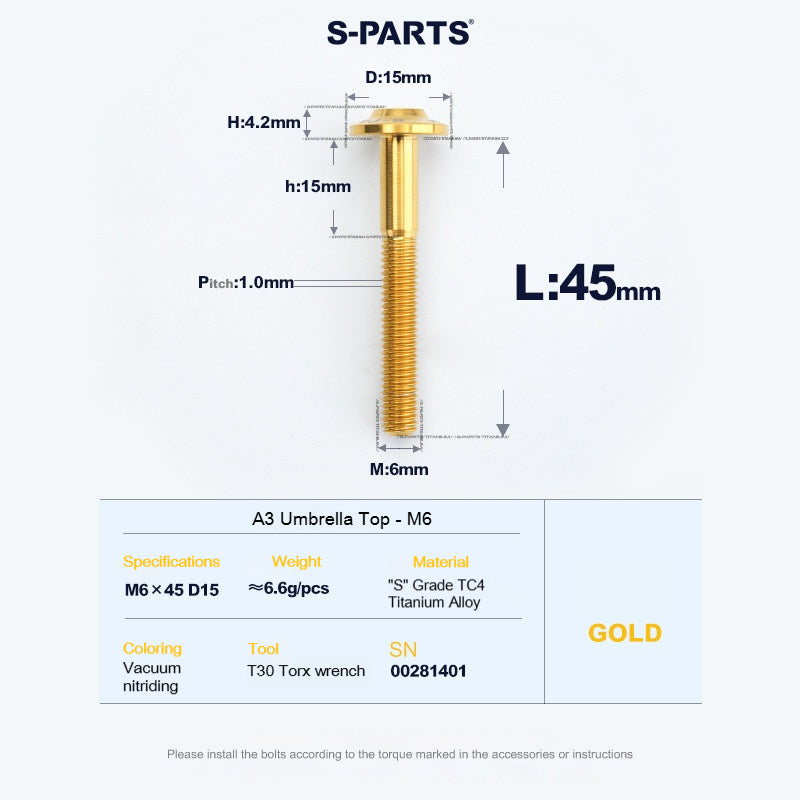SPARTS A3 Series M6 Titanium Button Head Bolt D15 Grade TC4 | Motorcycle & E-Bike Upgrade Screw