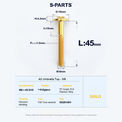 SPARTS A3 Series M6 Titanium Button Head Bolt D15 Grade TC4 | Motorcycle & E-Bike Upgrade Screw