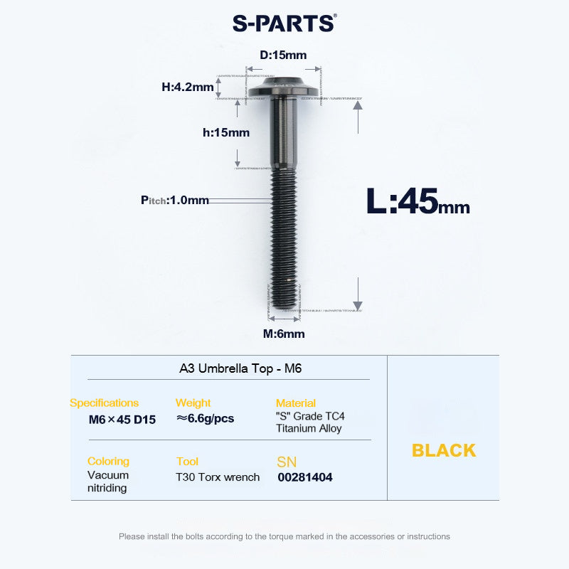 SPARTS A3 Series M6 Titanium Button Head Bolt D15 Grade TC4 | Motorcycle & E-Bike Upgrade Screw