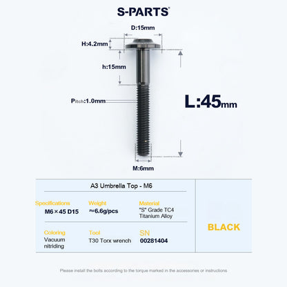 SPARTS A3 Series M6 Titanium Button Head Bolt D15 Grade TC4 | Motorcycle & E-Bike Upgrade Screw