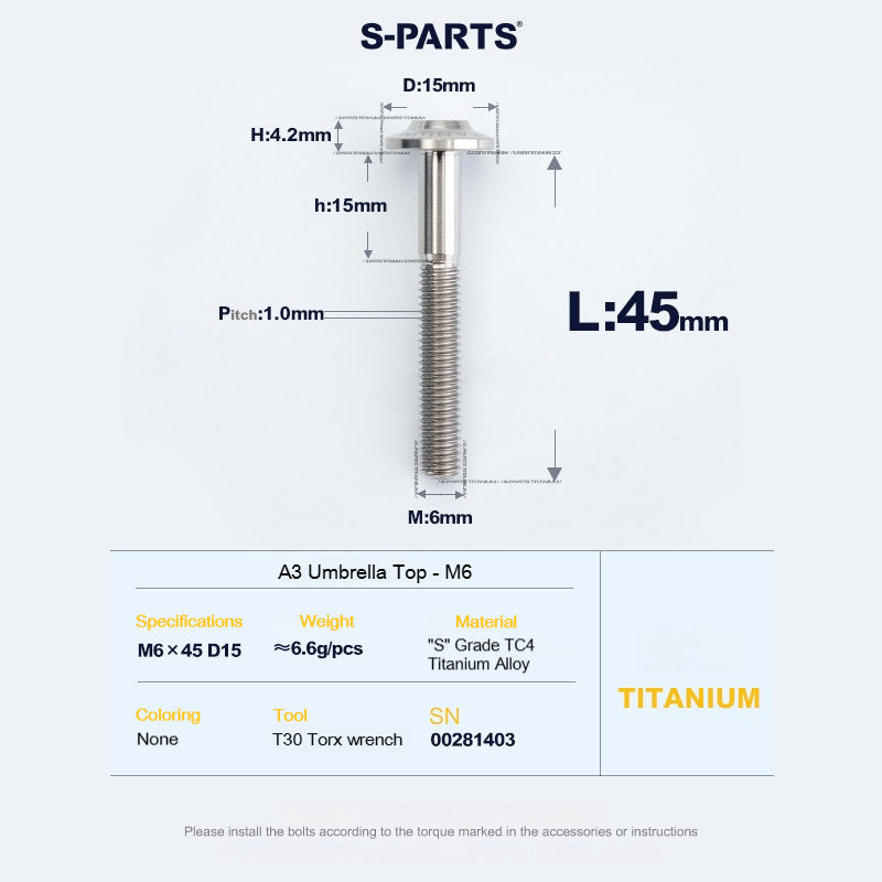 SPARTS A3 Series M6 Titanium Button Head Bolt D15 Grade TC4 | Motorcycle & E-Bike Upgrade Screw