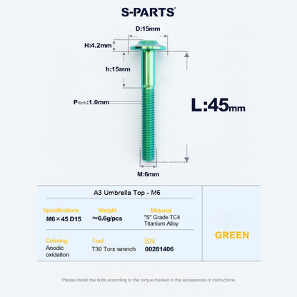 SPARTS A3 Series M6 Titanium Button Head Bolt D15 Grade TC4 | Motorcycle & E-Bike Upgrade Screw