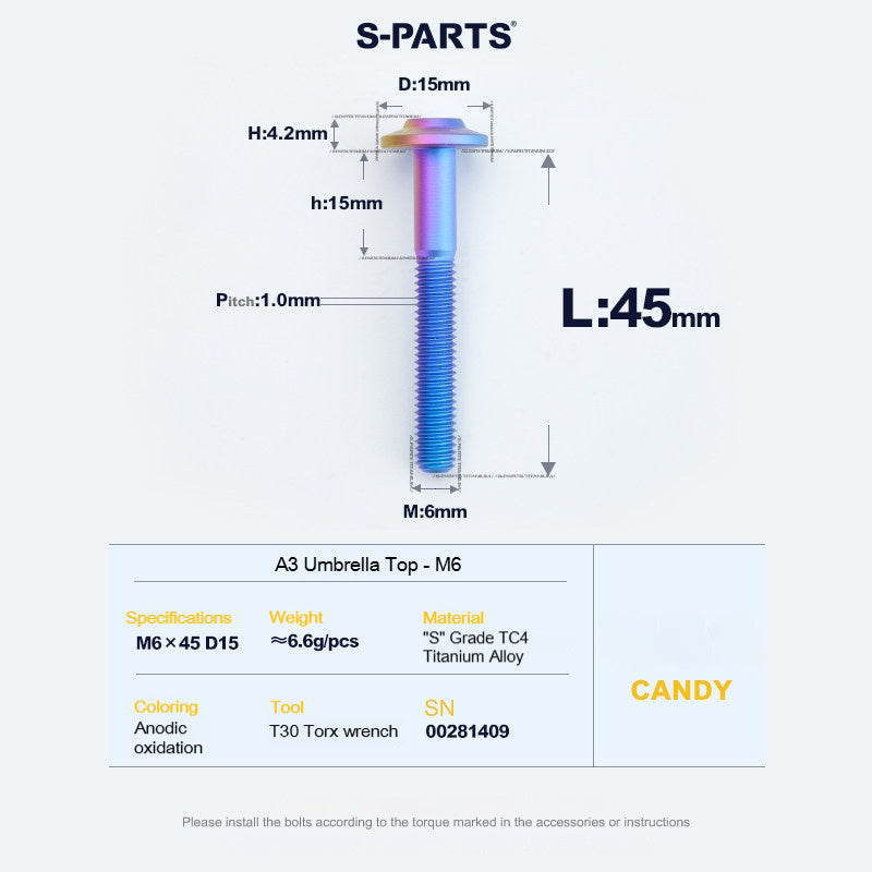 SPARTS A3 Series M6 Titanium Button Head Bolt D15 Grade TC4 | Motorcycle & E-Bike Upgrade Screw