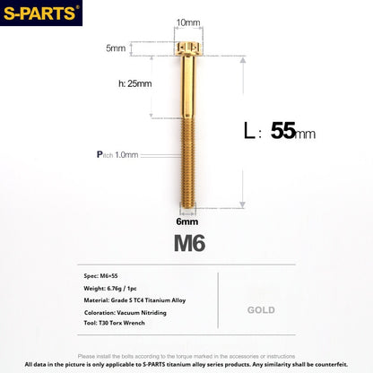 S-PARTS STAN M6 A3 Series TC4 Titanium Bolts – Standard Head Fasteners for Motorcycle & E-Motorcycle Upgrades