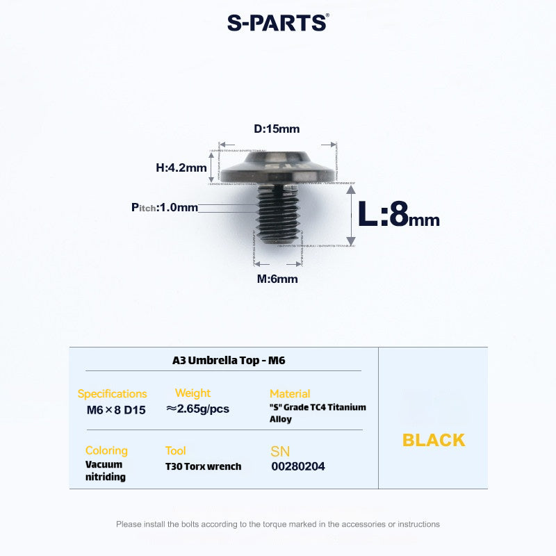 SPARTS A3 Series M6 Titanium Button Head Bolt D15 Grade TC4 | Motorcycle & E-Bike Upgrade Screw