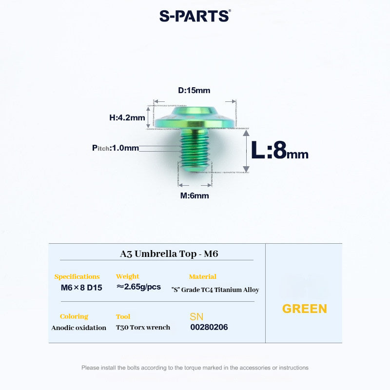 SPARTS A3 Series M6 Titanium Button Head Bolt D15 Grade TC4 | Motorcycle & E-Bike Upgrade Screw