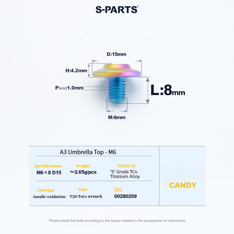 SPARTS A3 Series M6 Titanium Button Head Bolt D15 Grade TC4 | Motorcycle & E-Bike Upgrade Screw