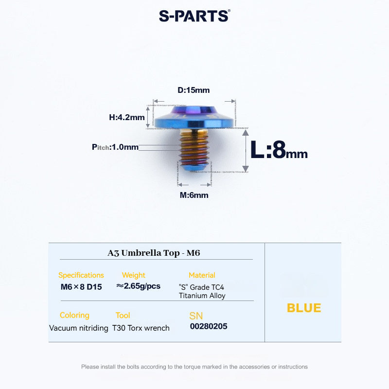 SPARTS A3 Series M6 Titanium Button Head Bolt D15 Grade TC4 | Motorcycle & E-Bike Upgrade Screw
