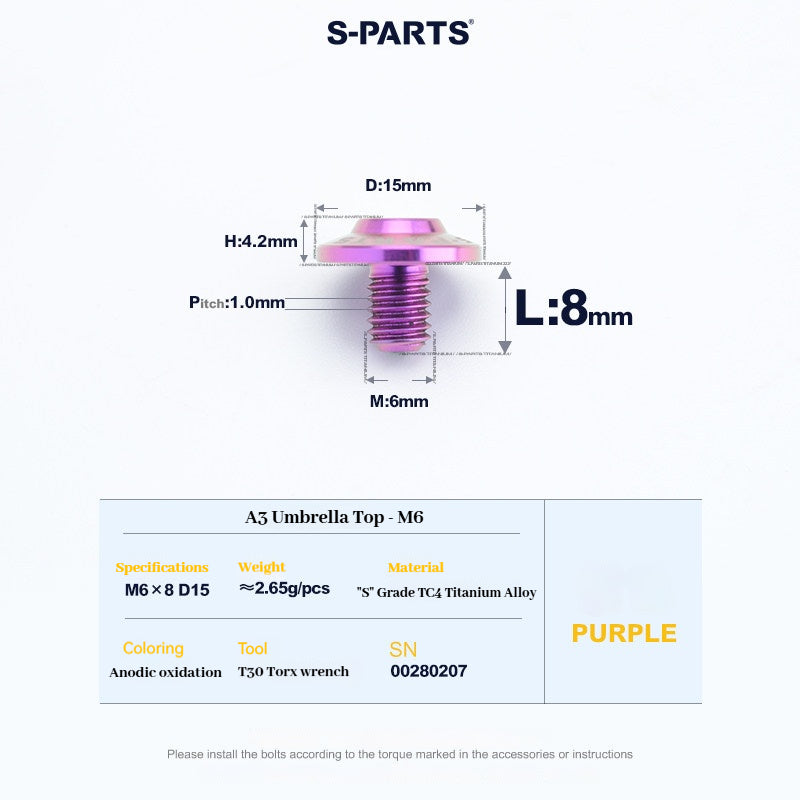 SPARTS A3 Series M6 Titanium Button Head Bolt D15 Grade TC4 | Motorcycle & E-Bike Upgrade Screw