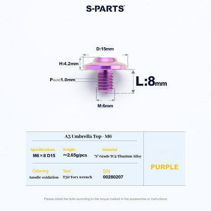 SPARTS A3 Series M6 Titanium Button Head Bolt D15 Grade TC4 | Motorcycle & E-Bike Upgrade Screw