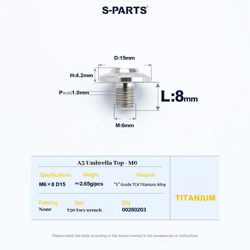 SPARTS A3 Series M6 Titanium Button Head Bolt D15 Grade TC4 | Motorcycle & E-Bike Upgrade Screw