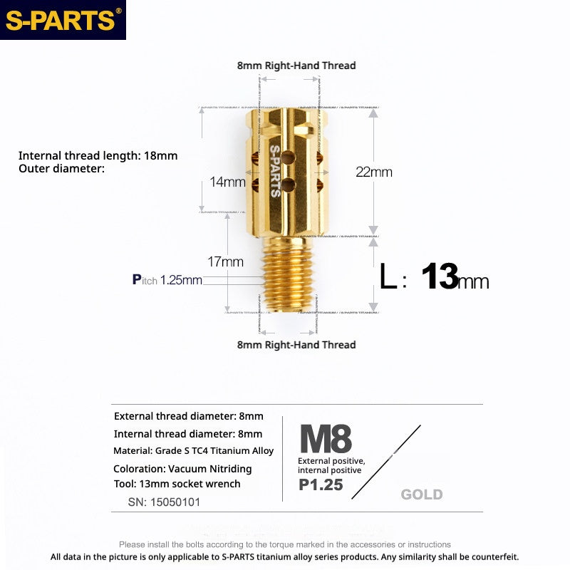 S-PARTS TC4 Titanium M8 to M8 Mirror Adapter Bolt | RH & LH Thread for Motorcycle / E-Bike