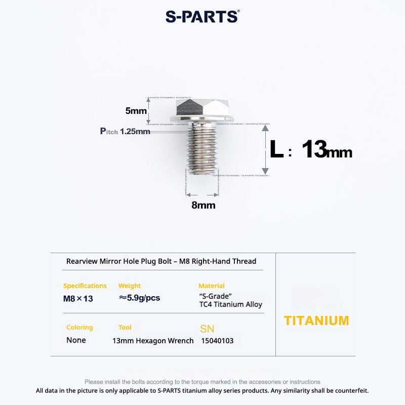 S-PARTS TC4 Titanium Mirror Plug Bolt M8 M10 RH/LH for Motorcycle
