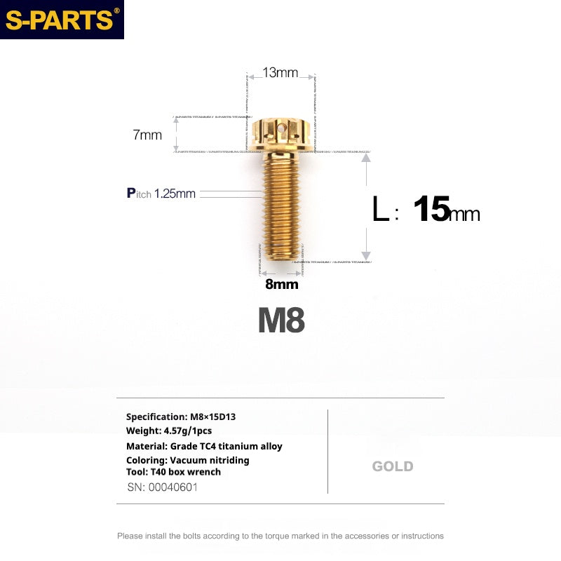 SPARTS A3 Series Golden Titanium Screws M8 L10–120mm for Motorcycle, Bicycle & Car