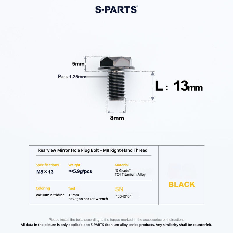 S-PARTS TC4 Titanium Mirror Plug Bolt M8 M10 RH/LH for Motorcycle