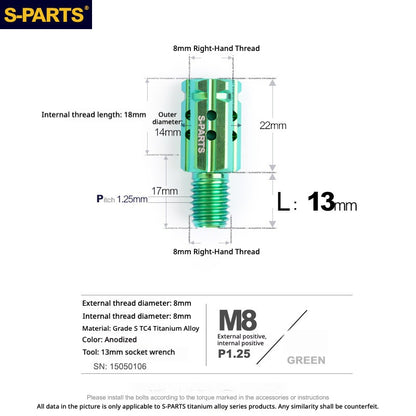 S-PARTS TC4 Titanium M8 to M8 Mirror Adapter Bolt | RH & LH Thread for Motorcycle / E-Bike
