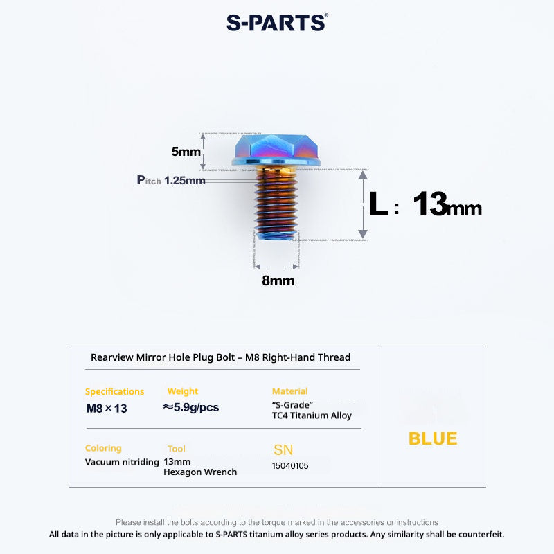 S-PARTS TC4 Titanium Mirror Plug Bolt M8 M10 RH/LH for Motorcycle