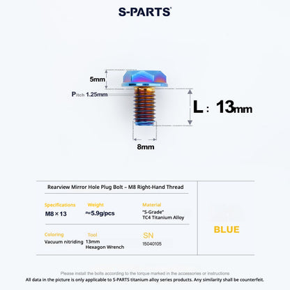 S-PARTS TC4 Titanium Mirror Plug Bolt M8 M10 RH/LH for Motorcycle