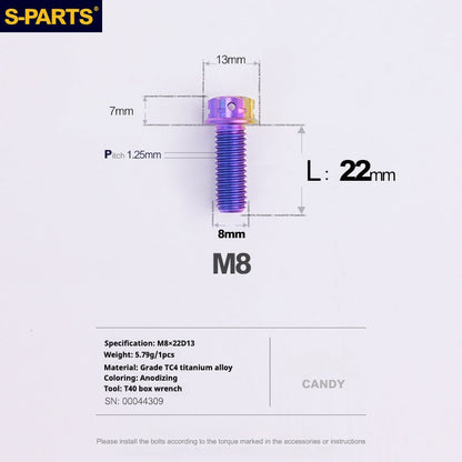 SPARTS A3 Series Candy Color Titanium Screws M8 L10–120mm for Motorcycle Bicycle Car Modification