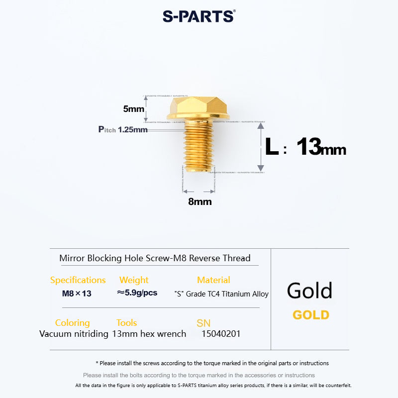 SPARTS Titanium Mirror Block-Off Bolts · M8/M10 Positive & Reverse Thread · Lightweight Motorcycle Plug Bolts