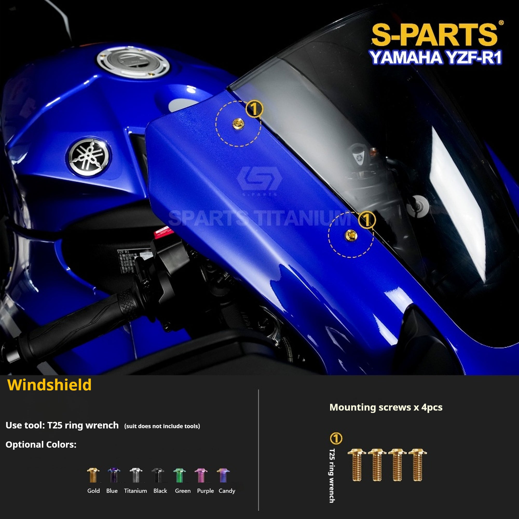 SPARTS Titanium Bolt Kit for Yamaha YZF-R1– Custom Candy Color & CNC Titanium Upgrade Kit- 1/2