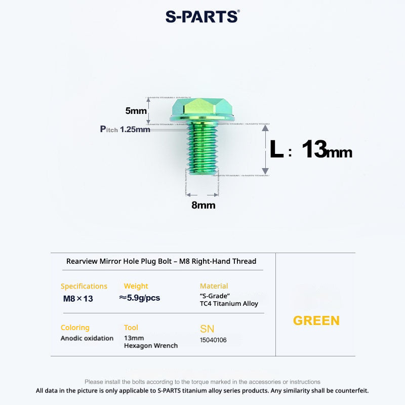 S-PARTS TC4 Titanium Mirror Plug Bolt M8 M10 RH/LH for Motorcycle