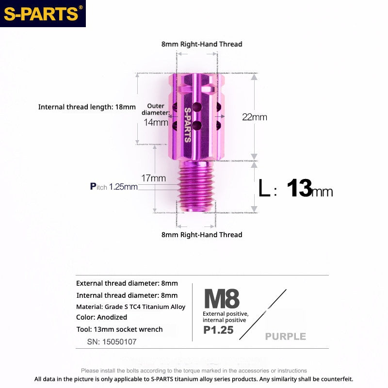 S-PARTS TC4 Titanium M8 to M8 Mirror Adapter Bolt | RH & LH Thread for Motorcycle / E-Bike