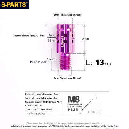 S-PARTS TC4 Titanium M8 to M8 Mirror Adapter Bolt | RH & LH Thread for Motorcycle / E-Bike