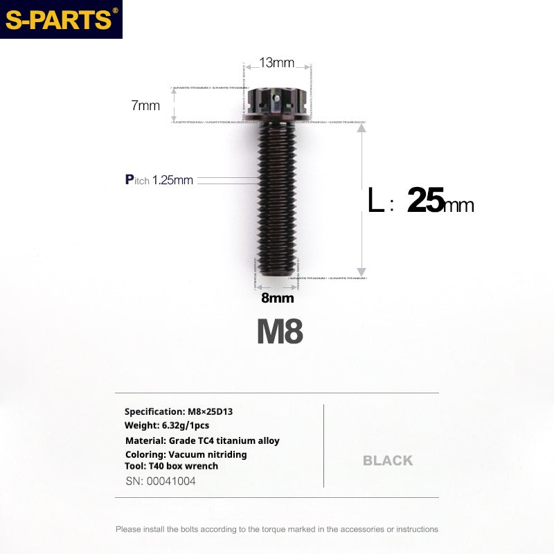 S-PARTS A3 Series M8 Black Titanium Bolts | Motorcycle and Auto Lightweight Modification Obsidian Black L10-120mm