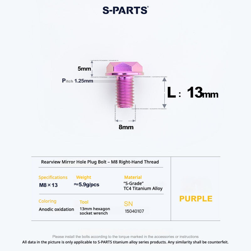 S-PARTS TC4 Titanium Mirror Plug Bolt M8 M10 RH/LH for Motorcycle