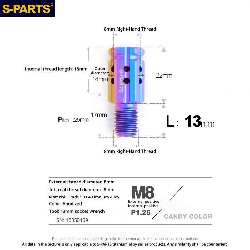S-PARTS TC4 Titanium M8 to M8 Mirror Adapter Bolt | RH & LH Thread for Motorcycle / E-Bike