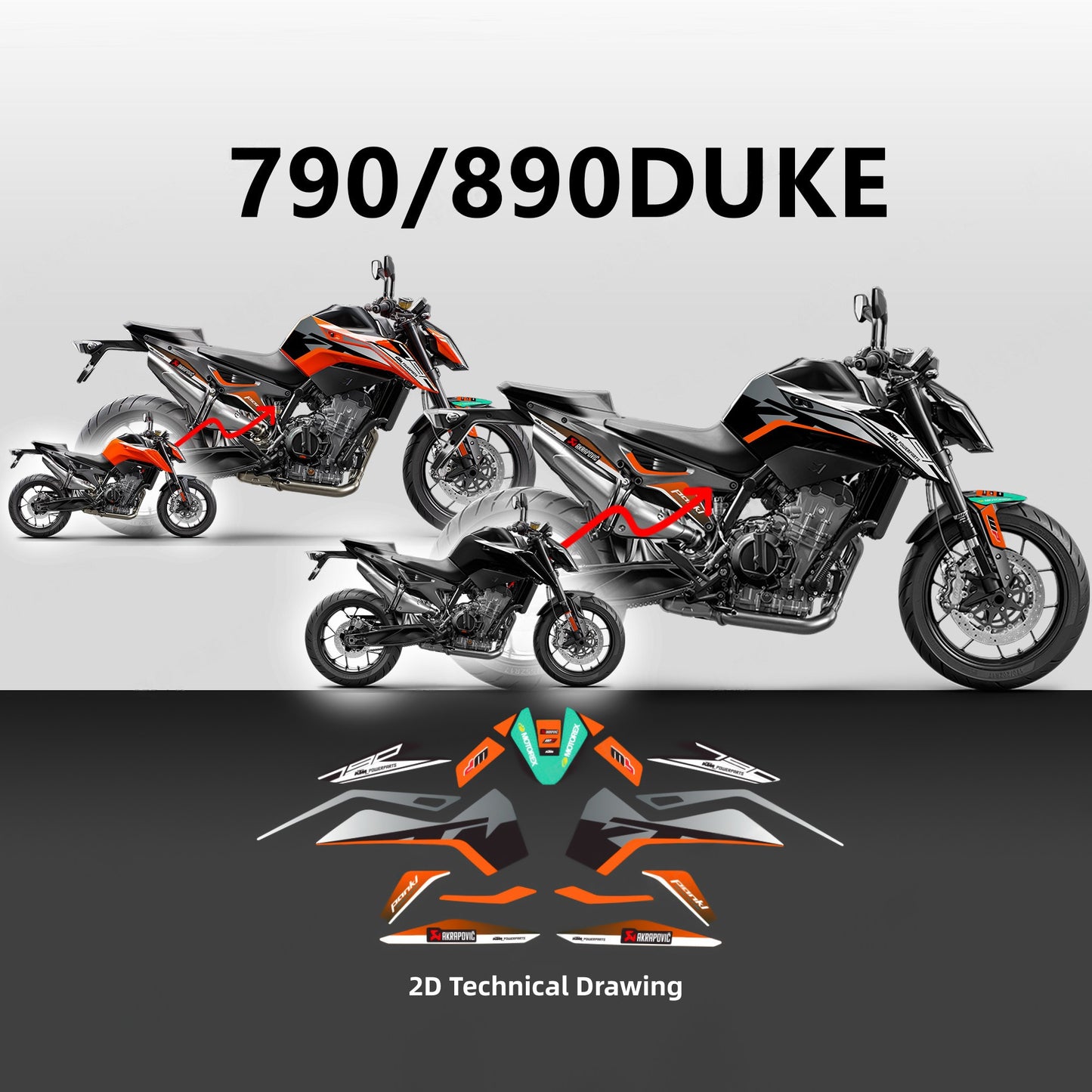 Factory Style Decal Sticker Kit for KTM DUKE 790 / 890 (2018-2022) - Gloss PVC Graphics Set
