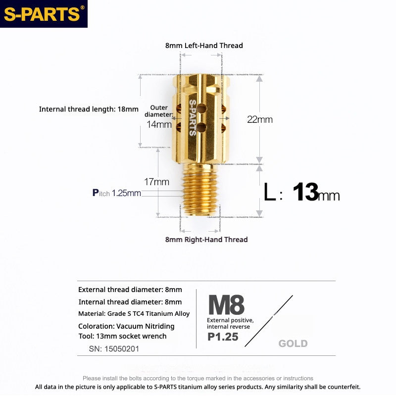S-PARTS TC4 Titanium M8 to M8 Mirror Adapter Bolt | RH & LH Thread for Motorcycle / E-Bike