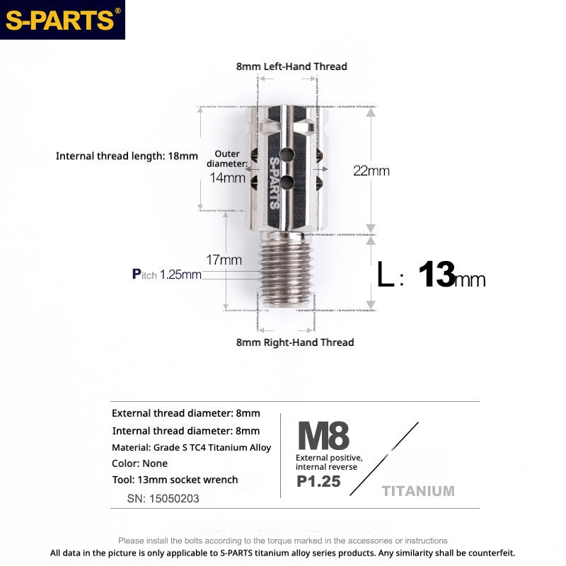 S-PARTS TC4 Titanium M8 to M8 Mirror Adapter Bolt | RH & LH Thread for Motorcycle / E-Bike