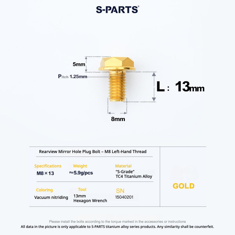 S-PARTS TC4 Titanium Mirror Plug Bolt M8 M10 RH/LH for Motorcycle