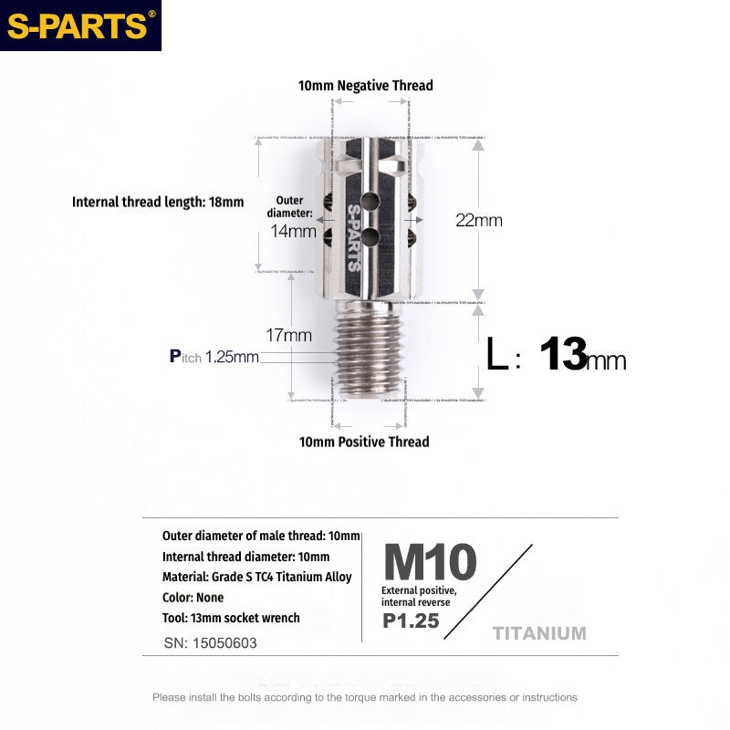 S-PARTS M10 to M10 Titanium Forward & Reverse Thread Motorcycle Mirror Adapter Bolt Upgrade