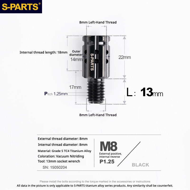S-PARTS TC4 Titanium M8 to M8 Mirror Adapter Bolt | RH & LH Thread for Motorcycle / E-Bike