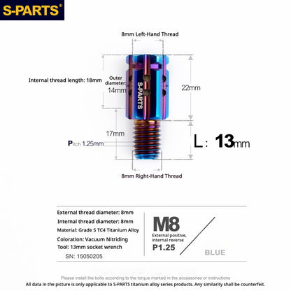 S-PARTS TC4 Titanium M8 to M8 Mirror Adapter Bolt | RH & LH Thread for Motorcycle / E-Bike