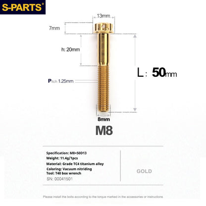 SPARTS A3 Series Golden Titanium Screws M8 L10–120mm for Motorcycle, Bicycle & Car