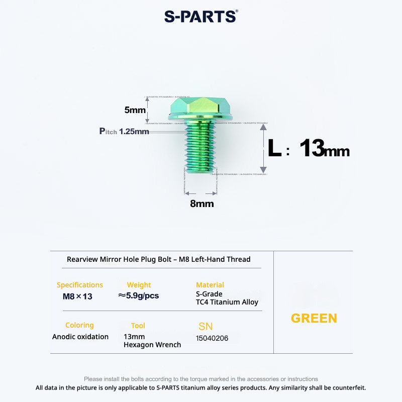 S-PARTS TC4 Titanium Mirror Plug Bolt M8 M10 RH/LH for Motorcycle