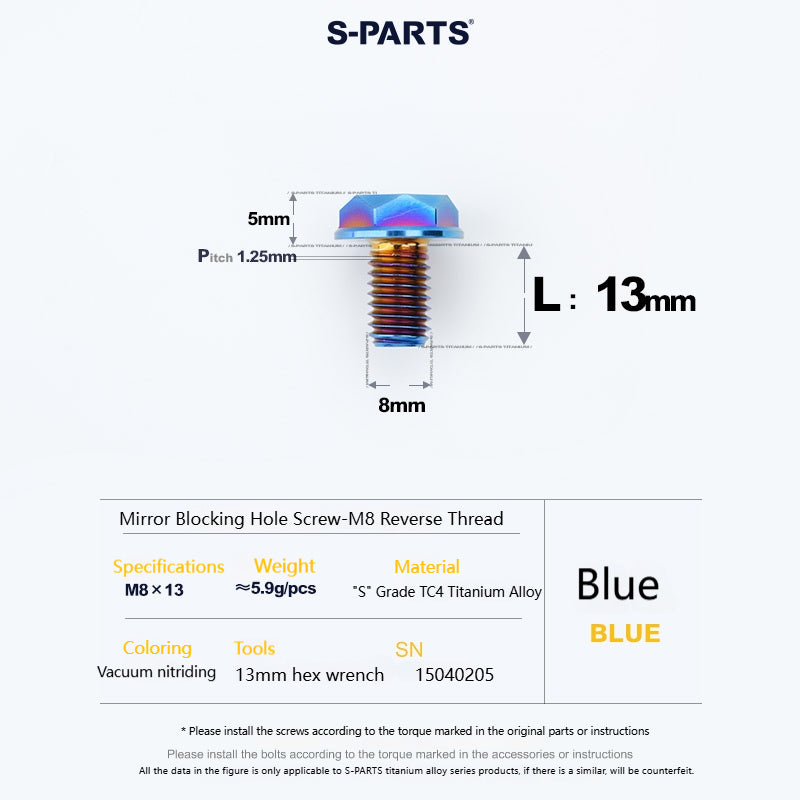 SPARTS Titanium Mirror Block-Off Bolts · M8/M10 Positive & Reverse Thread · Lightweight Motorcycle Plug Bolts
