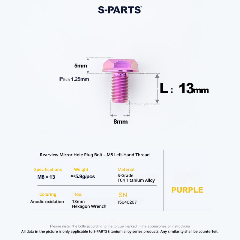 S-PARTS TC4 Titanium Mirror Plug Bolt M8 M10 RH/LH for Motorcycle