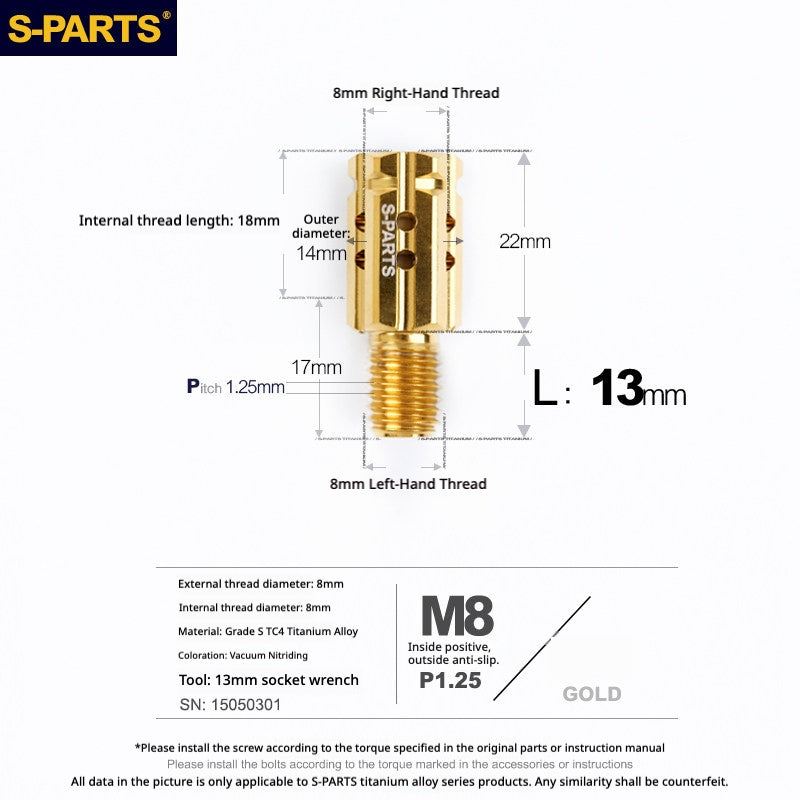 S-PARTS TC4 Titanium M8 to M8 Mirror Adapter Bolt | RH & LH Thread for Motorcycle / E-Bike