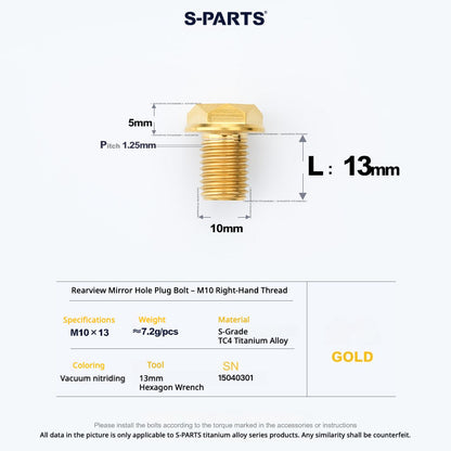 S-PARTS TC4 Titanium Mirror Plug Bolt M8 M10 RH/LH for Motorcycle
