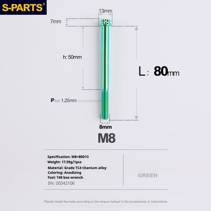 SPARTS A3 Series Green Titanium Screws M8 L10–120mm for Motorcycle Bicycle Car