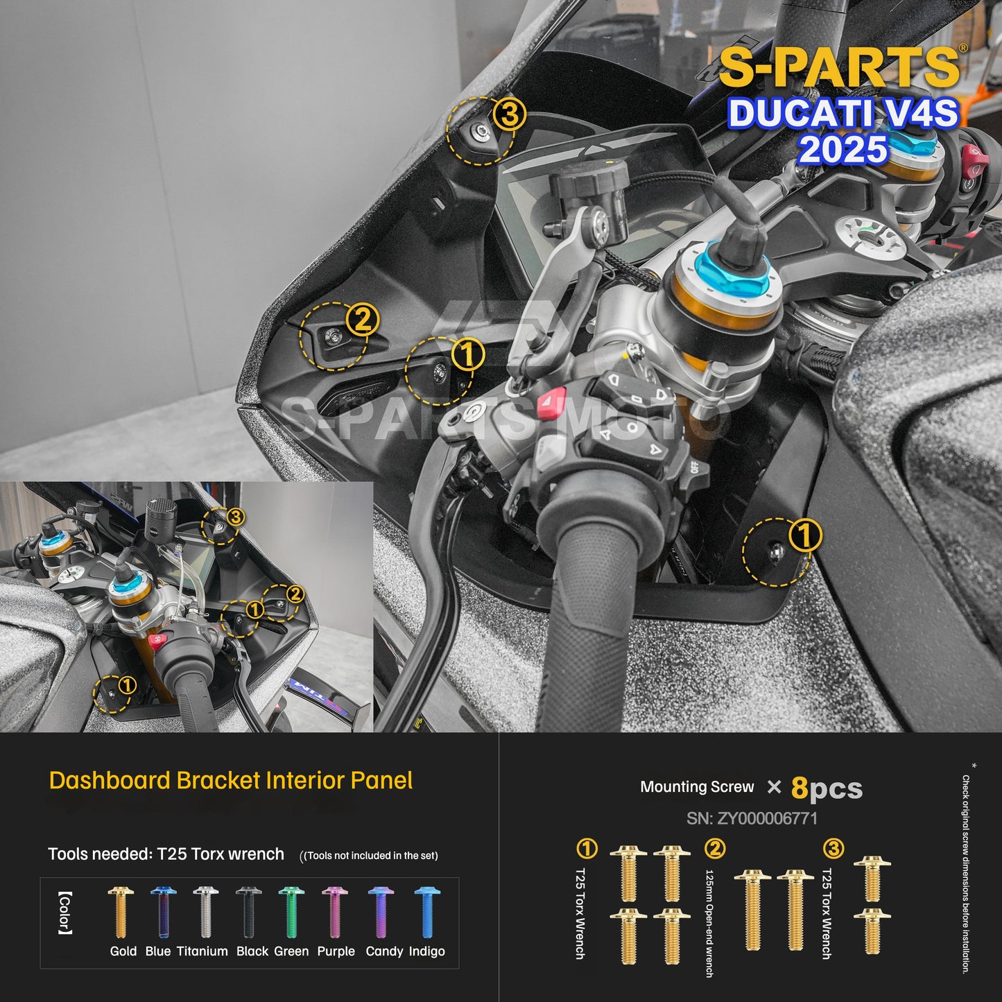 S-PARTS Titanium Front Fairing and Cockpit Fastener Kit for Ducati Panigale V4S 2025