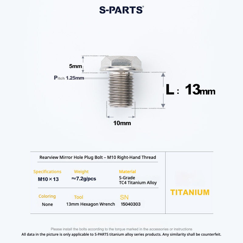 S-PARTS TC4 Titanium Mirror Plug Bolt M8 M10 RH/LH for Motorcycle