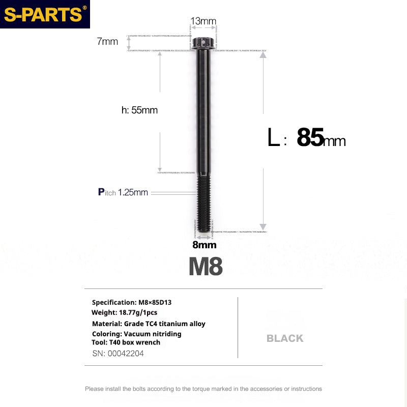 S-PARTS A3 Series M8 Black Titanium Bolts | Motorcycle and Auto Lightweight Modification Obsidian Black L10-120mm