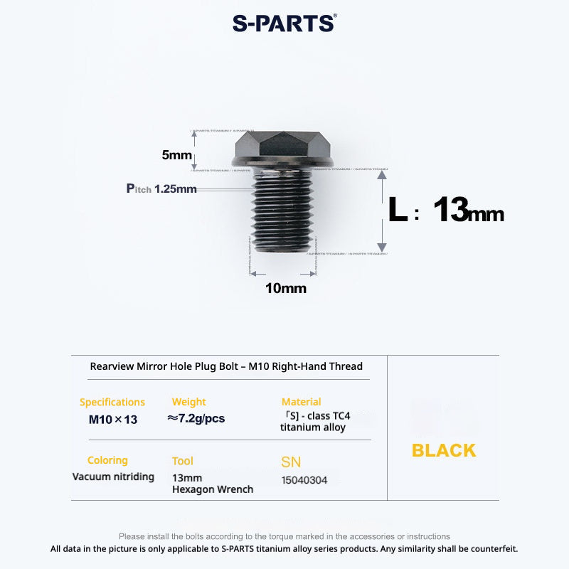 S-PARTS TC4 Titanium Mirror Plug Bolt M8 M10 RH/LH for Motorcycle