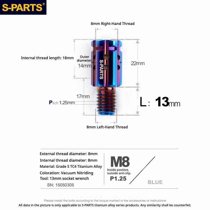 S-PARTS TC4 Titanium M8 to M8 Mirror Adapter Bolt | RH & LH Thread for Motorcycle / E-Bike